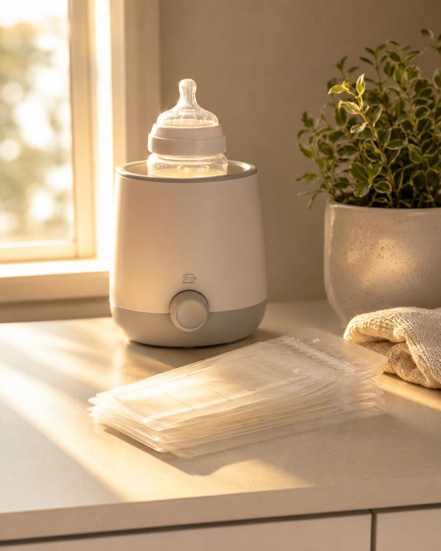 A baby bottle sits in a bottle warmer on a sunlit countertop next to a stack of milk storage bags, a potted plant, and a towel.