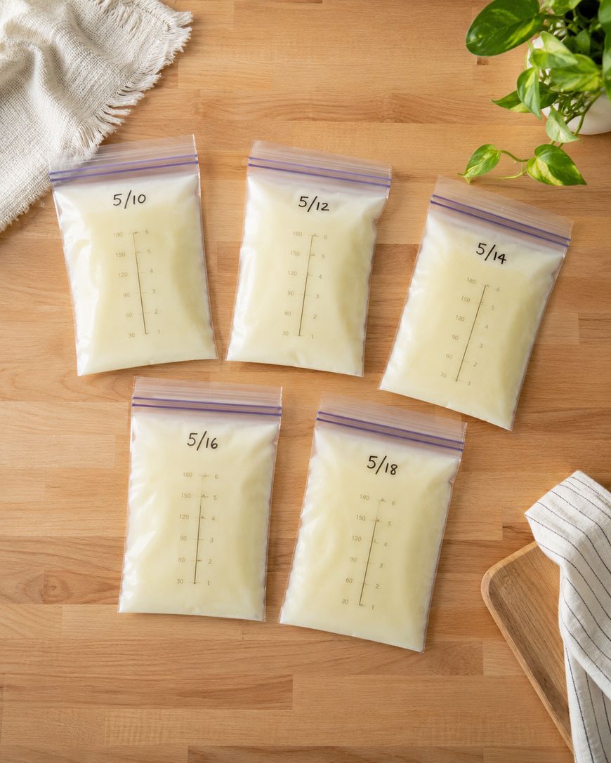 Five labeled freezer bags filled with breast milk are arranged on a wooden surface with a plant, white cloth, and cutting board nearby. Each bag is marked with a different date in May.