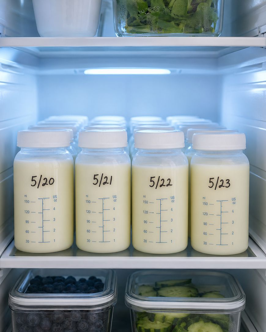 Five bottles of breast milk labeled with dates are lined up in a refrigerator, with other containers of fruits and vegetables visible on the shelves above and below.