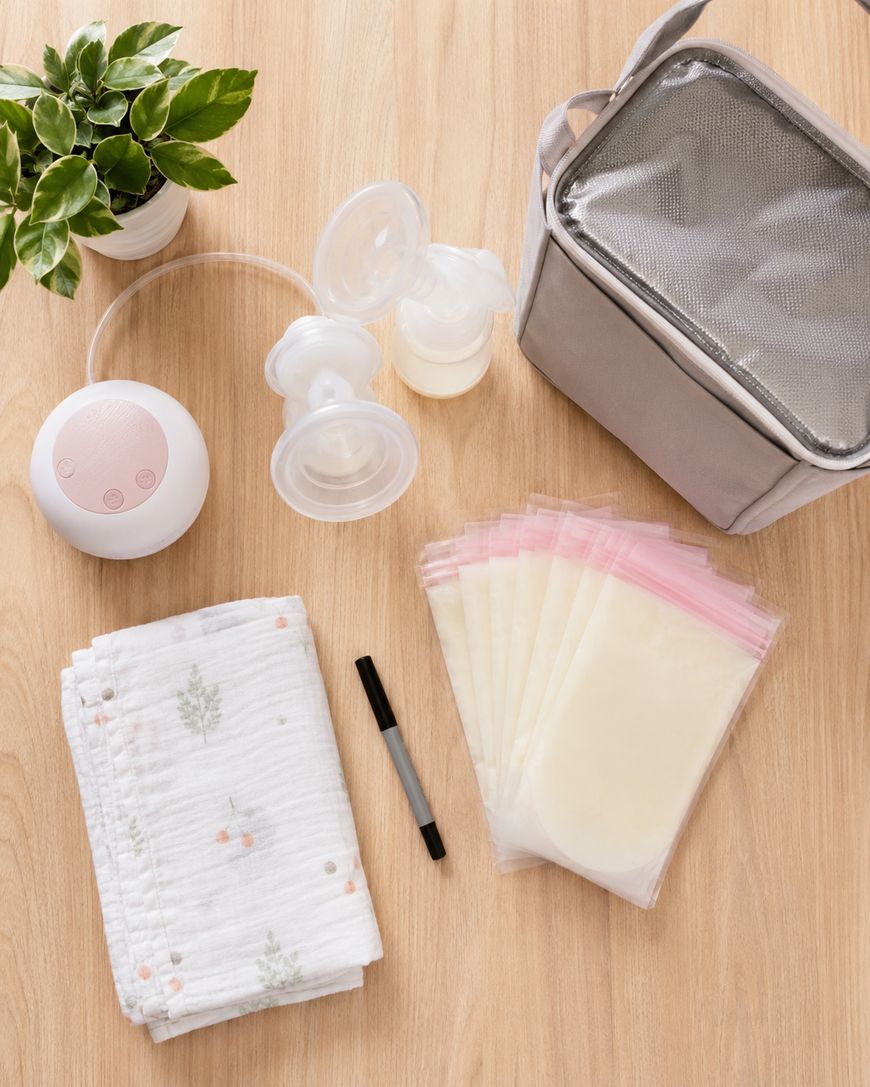 Breast pump, milk storage bags, insulated cooler, baby blanket, pen, and potted plant arranged on a wooden surface.