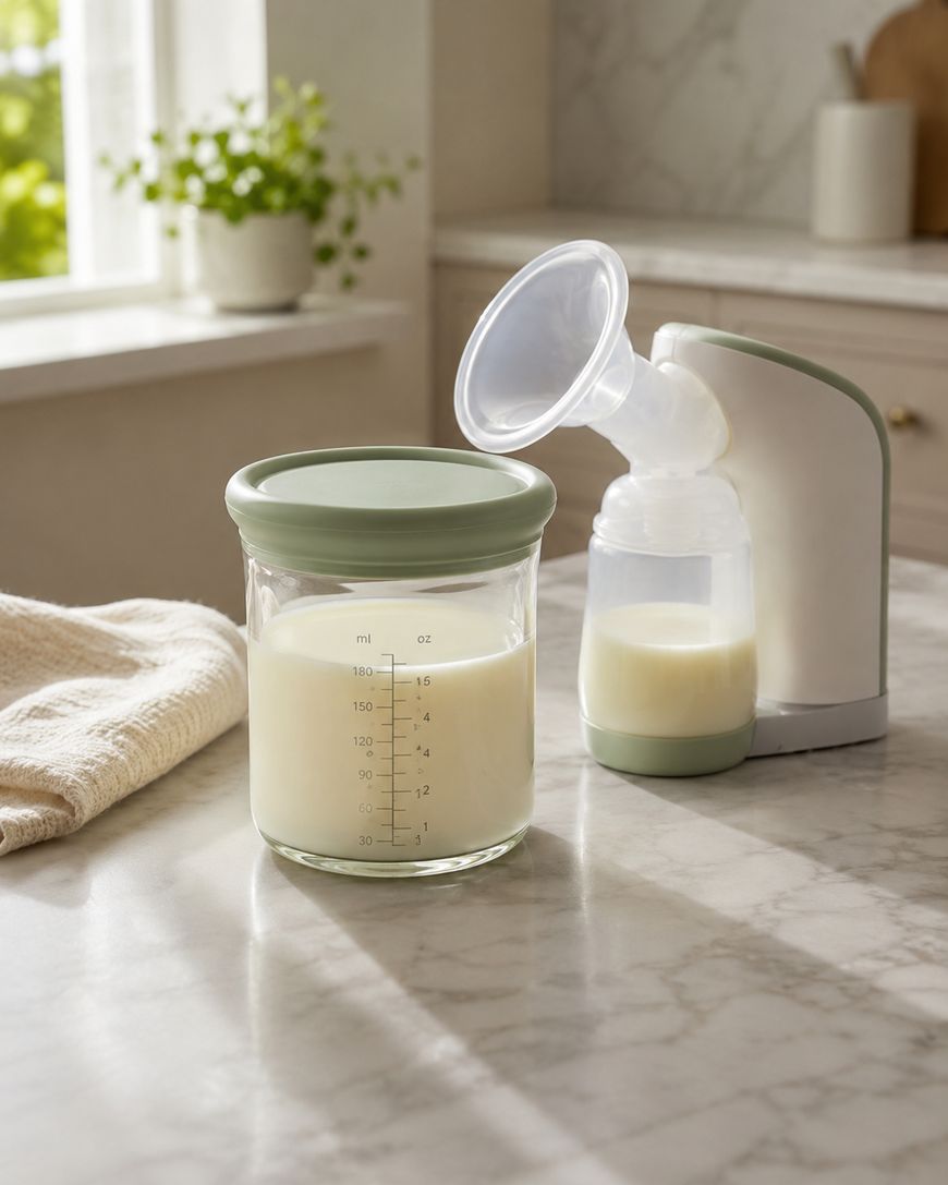 A glass container with milk sits beside an electric breast pump filled with milk on a marble kitchen counter, with a towel and a potted plant in the background.
