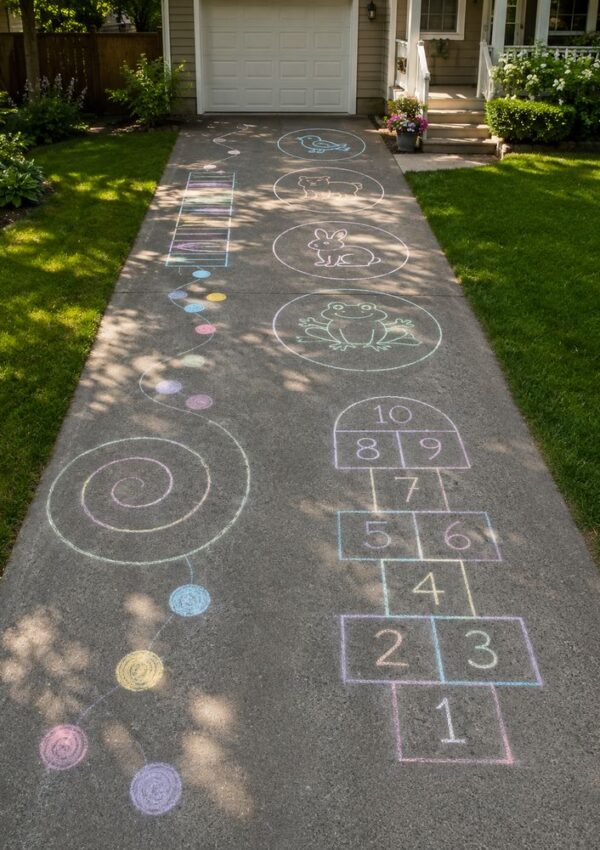 A driveway with colorful chalk drawings including a spiral, dots, animals, hopscotch, and a ladder, leading up to a house with a white garage and green lawn on both sides.