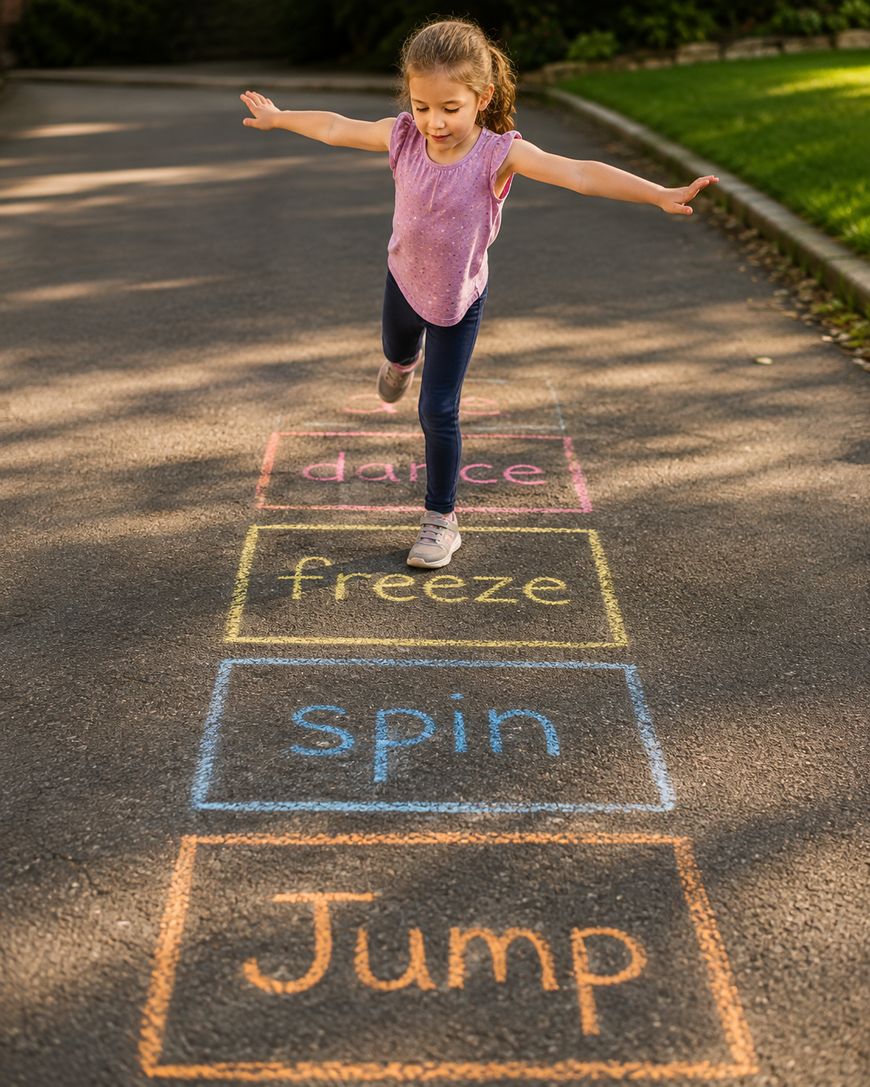 Young girl plays hopscotch on pavement, with colorful chalk squares labeled dance, freeze, spin, and jump.