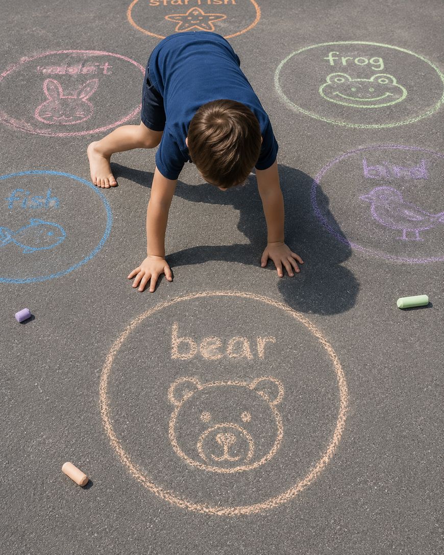A child playing on pavement with animal names and drawings in colored chalk circles.