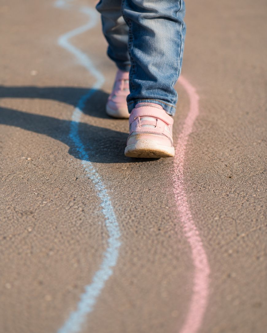 A child wearing jeans and pink shoes walks on pavement, following wavy lines drawn with blue and pink chalk.