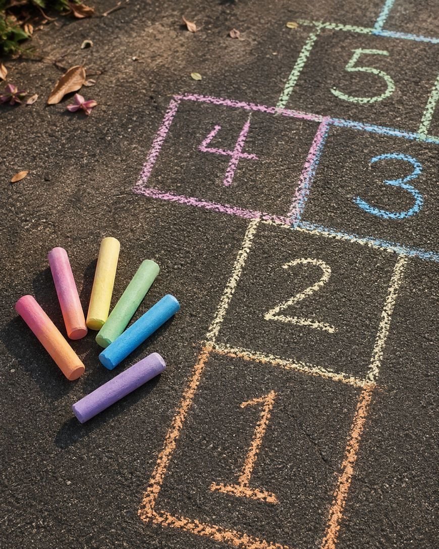 Colorful chalk sticks beside a hopscotch grid drawn on asphalt, numbered from 1 to 5 in different colors.