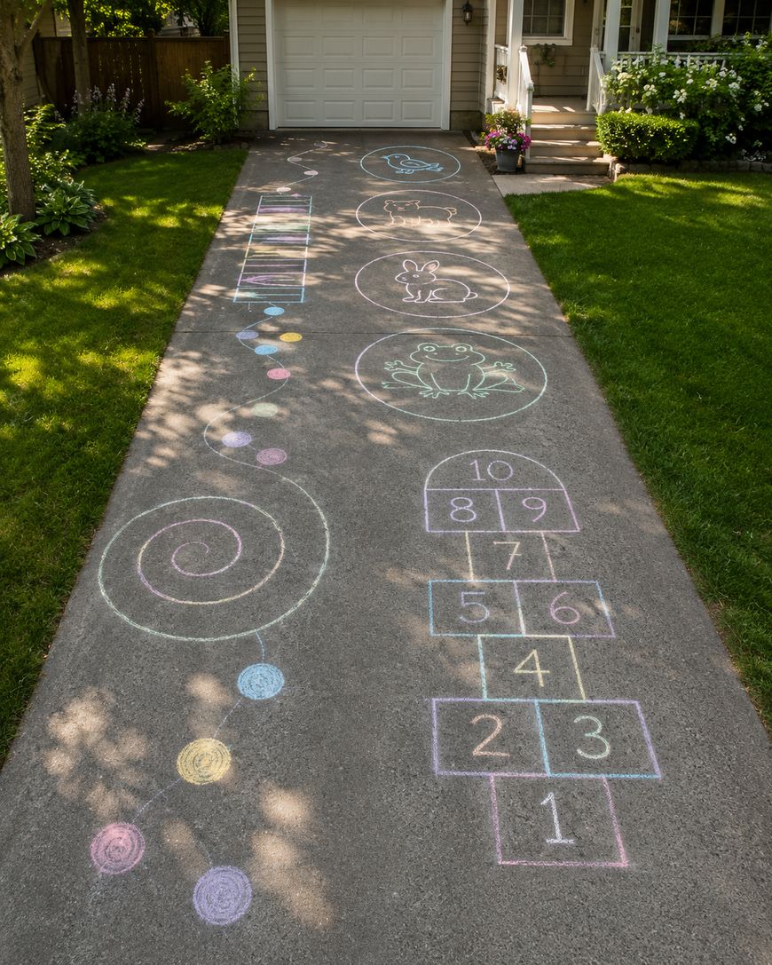 A driveway with colorful chalk drawings, including a spiral, circles, frogs, and a hopscotch grid.