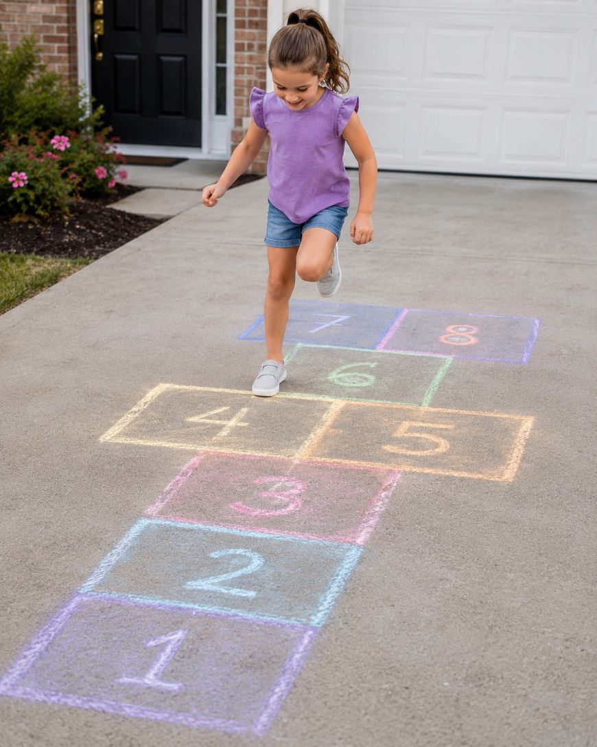A young girl in a purple shirt and shorts plays hopscotch on a driveway with colorful chalk drawings.
