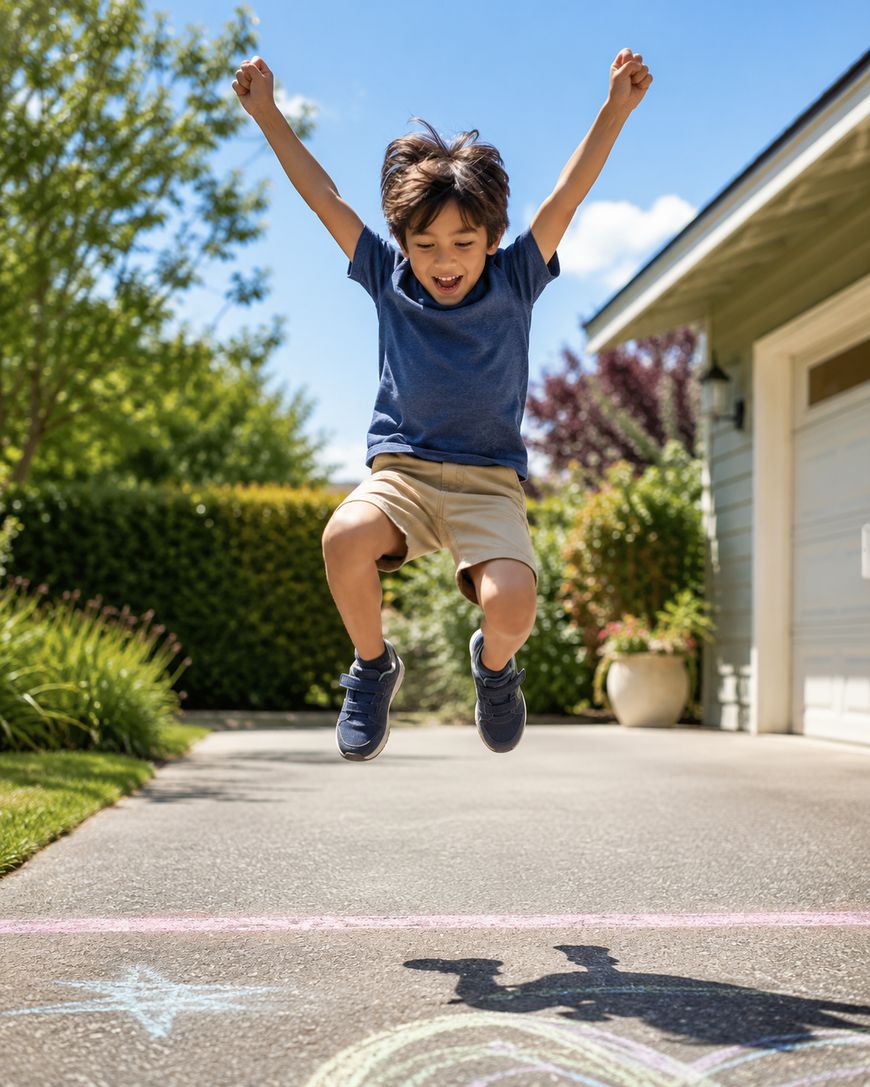 A young boy with arms raised joyfully jumps above chalk drawings on a sunny driveway.