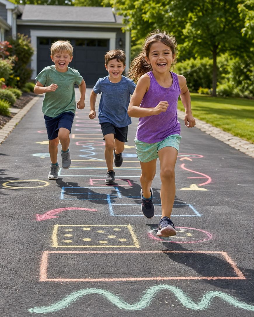 Three children smiling and running on a driveway decorated with colorful chalk drawings.