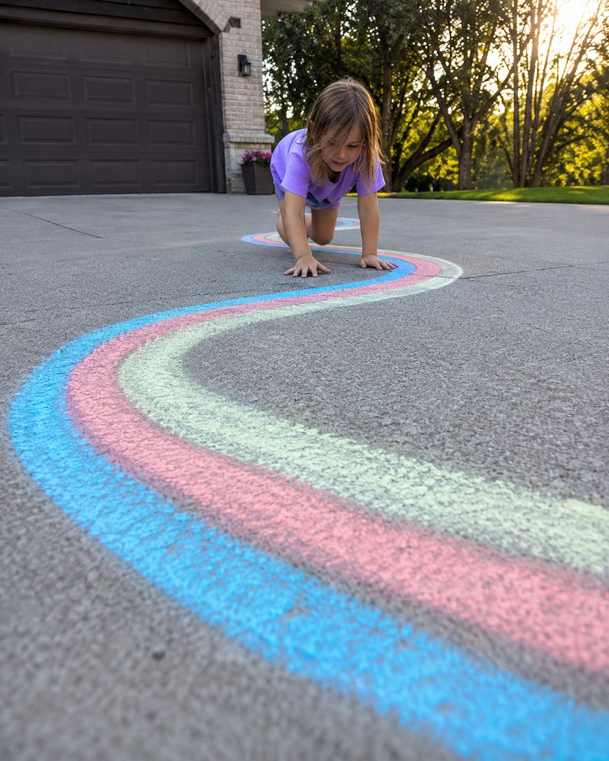 A young girl crawls on a driveway, following a wavy path made of blue, pink, and yellow sidewalk chalk lines.
