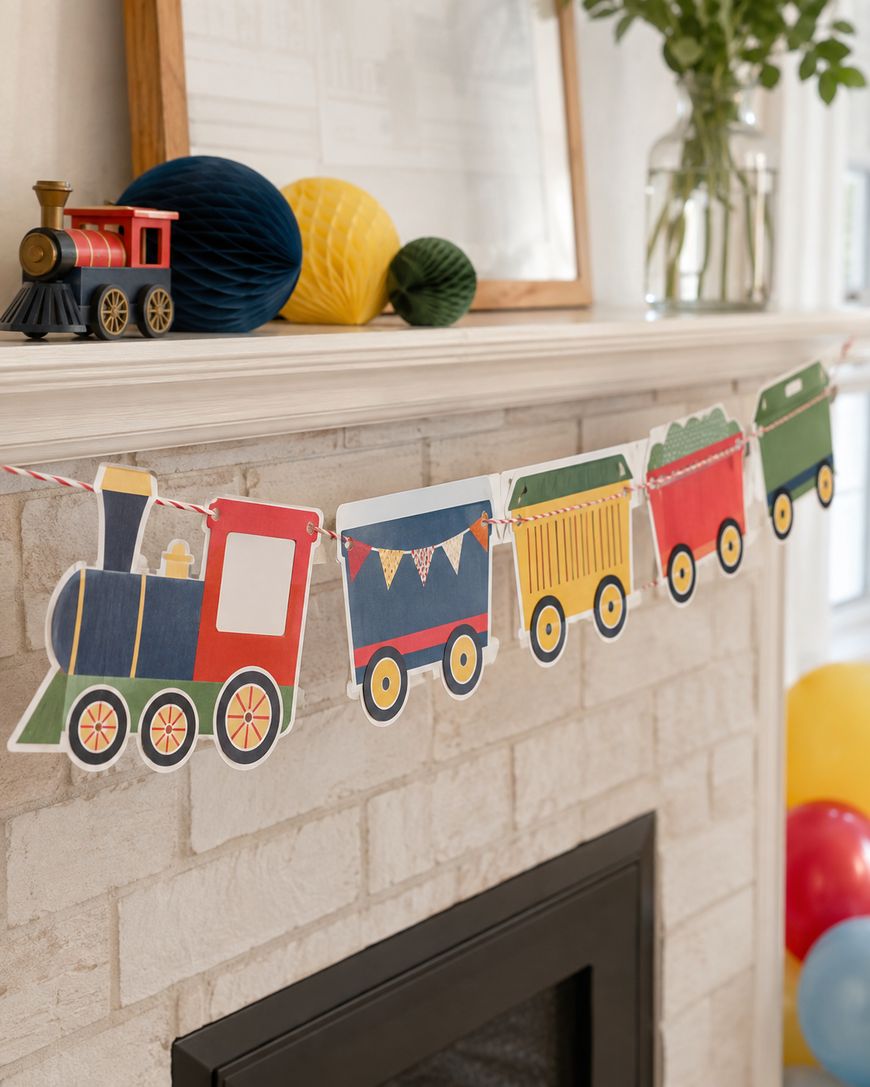 Paper train garland hangs across a white brick fireplace mantle, with a toy train and decorative paper balls on top. Balloons are visible in the lower right corner of the image.