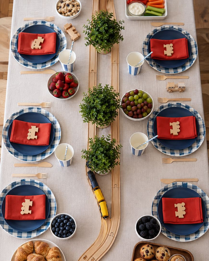 A kids party table set with blue check plates, red napkins, wooden train decor, fruit bowls, pastries, paper cups, wooden utensils, and a toy train track running through potted plants as a centerpiece.