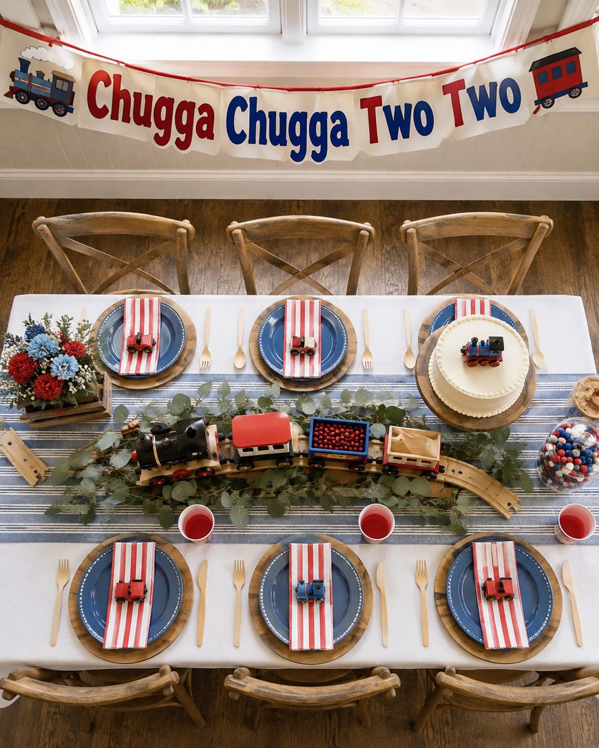 A train-themed birthday table setup with a Chugga Chugga Two Two banner, toy train centerpiece, striped napkins, blue plates, red cups, and a train cake. Festive and organized for a childs second birthday party.