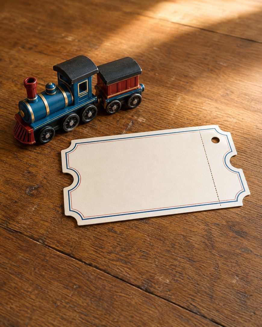 A toy blue and red train engine sits next to a blank, vintage-style ticket on a wooden surface with sunlight streaming in.