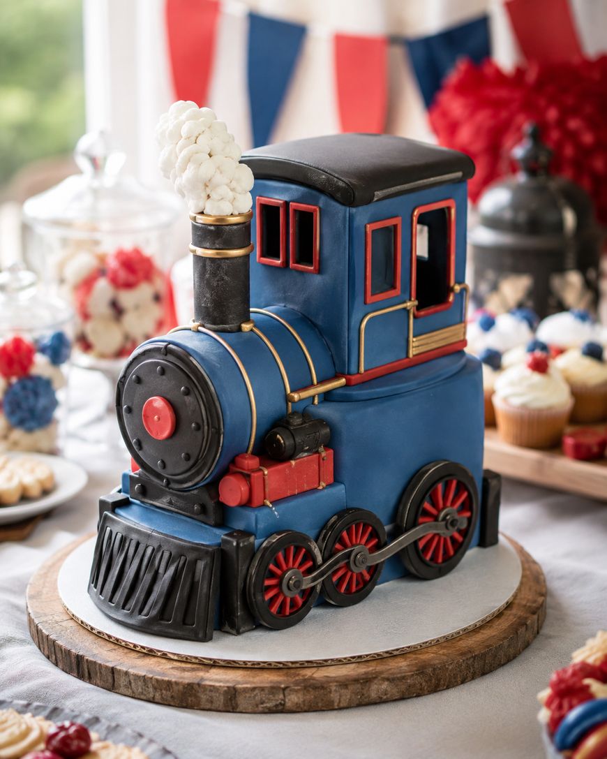 A cake shaped like a blue and black steam train with red wheels sits on a wooden board, surrounded by desserts at a festive party decorated with red, white, and blue decorations. Steam is made of white frosting.