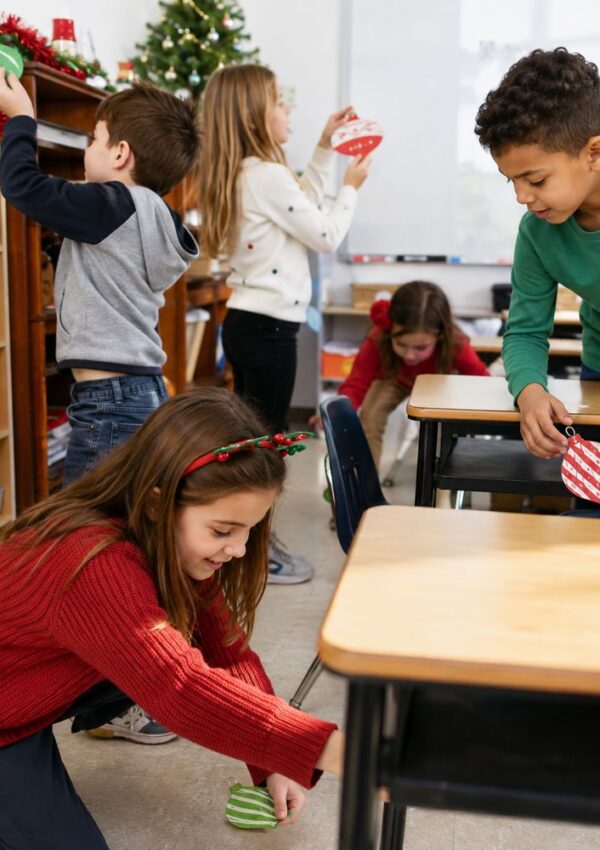 Five young children decorate a classroom with paper ornaments, smiling and placing decorations on desks and shelves, with festive holiday attire and a bright, cheerful atmosphere.