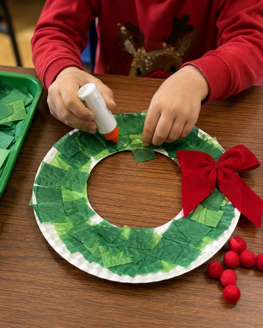 A child glues green tissue paper squares onto a paper plate to make a holiday wreath, decorated with a red bow and red pom-poms.