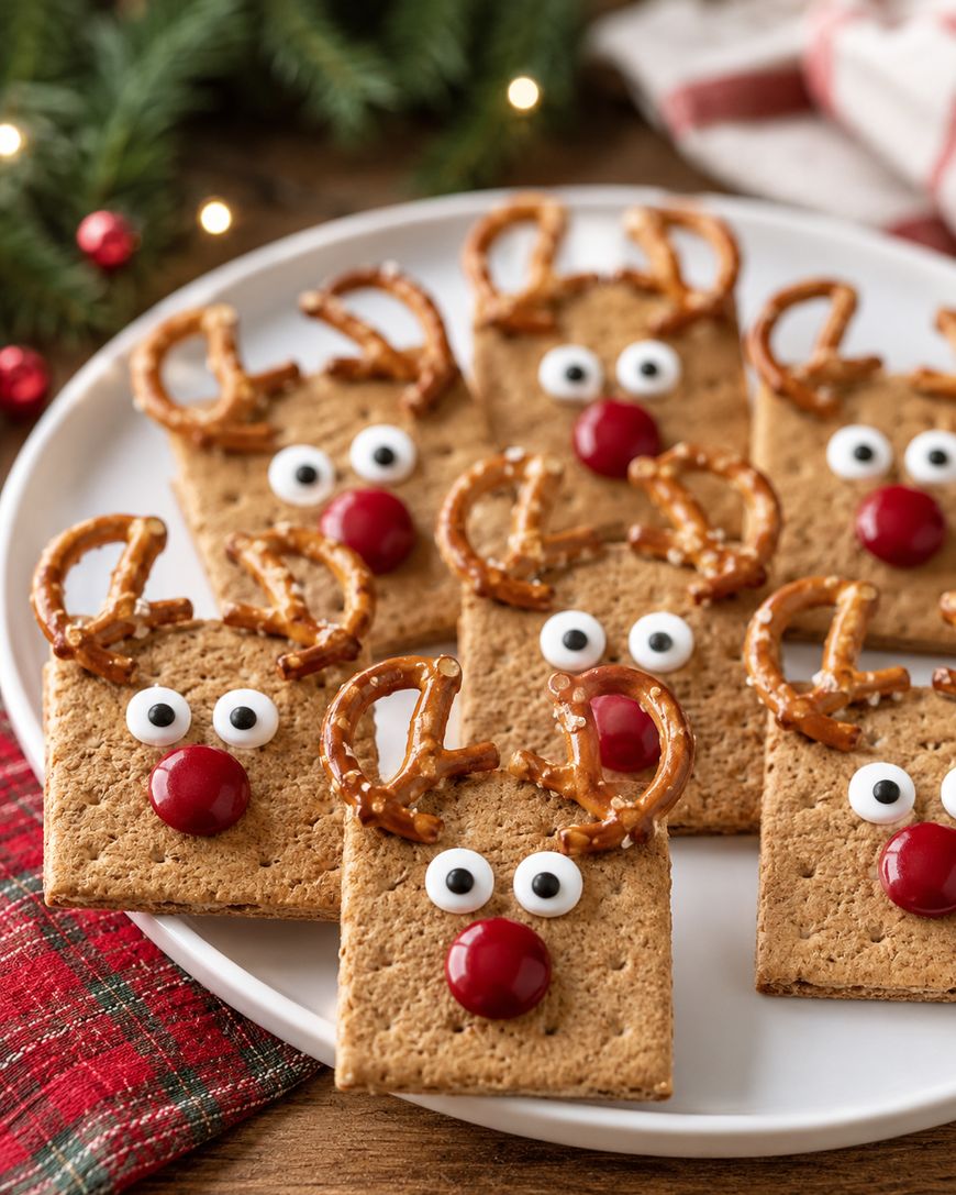 A plate of reindeer treats made from square graham crackers, pretzel antlers, candy eyes, and red candy noses, arranged on a white plate with festive decorations in the background.