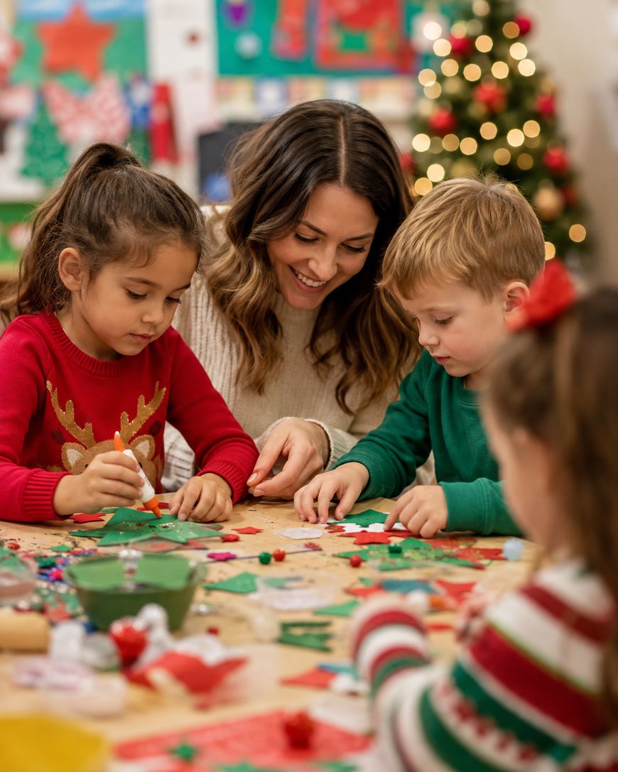 A woman and three young children sit at a table making Christmas crafts with colorful paper, glue, and decorations. A decorated Christmas tree is visible in the background.