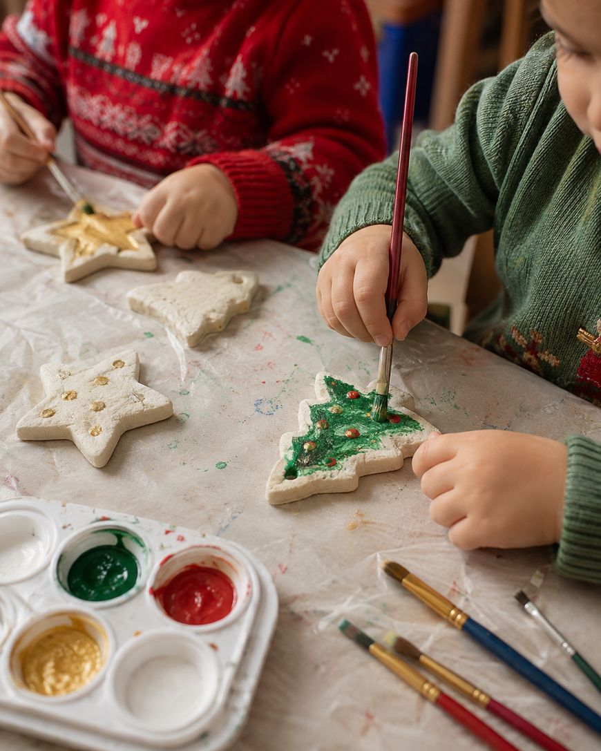 Two children in festive sweaters paint Christmas-themed ornaments, including a tree and a star, using brushes and green, red, and gold paints on a table covered with craft supplies.