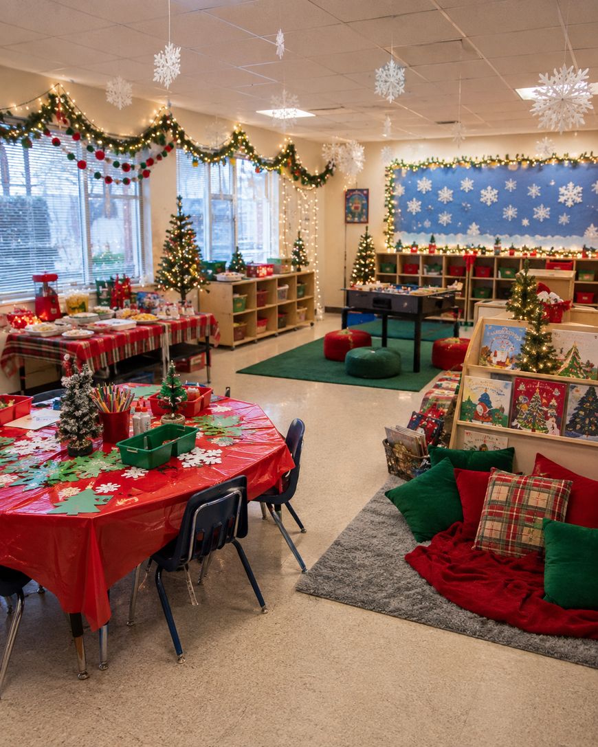 Five children decorate a classroom for the holidays, hanging ornaments and placing festive decorations around desks and shelves, with festive holiday attire and a bright, cheerful atmosphere.