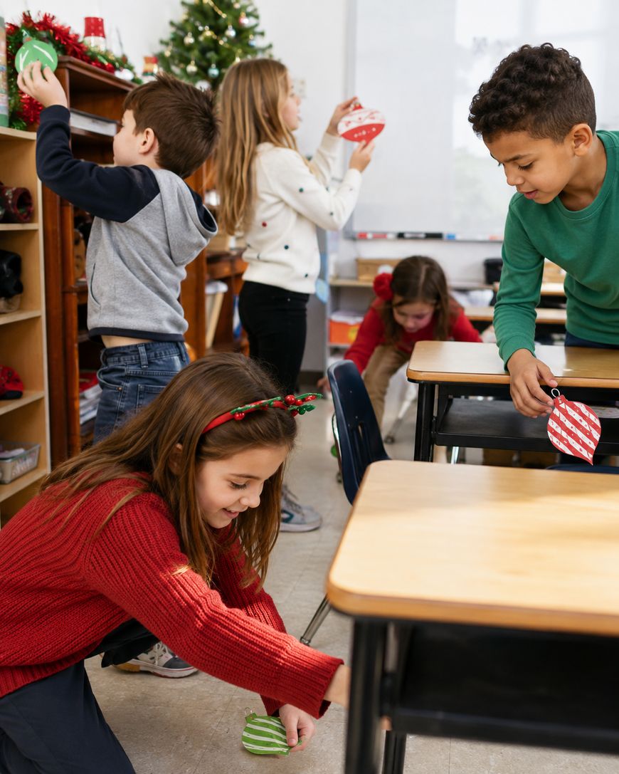 Five children decorate a classroom for the holidays, hanging ornaments and placing festive decorations around desks and shelves.