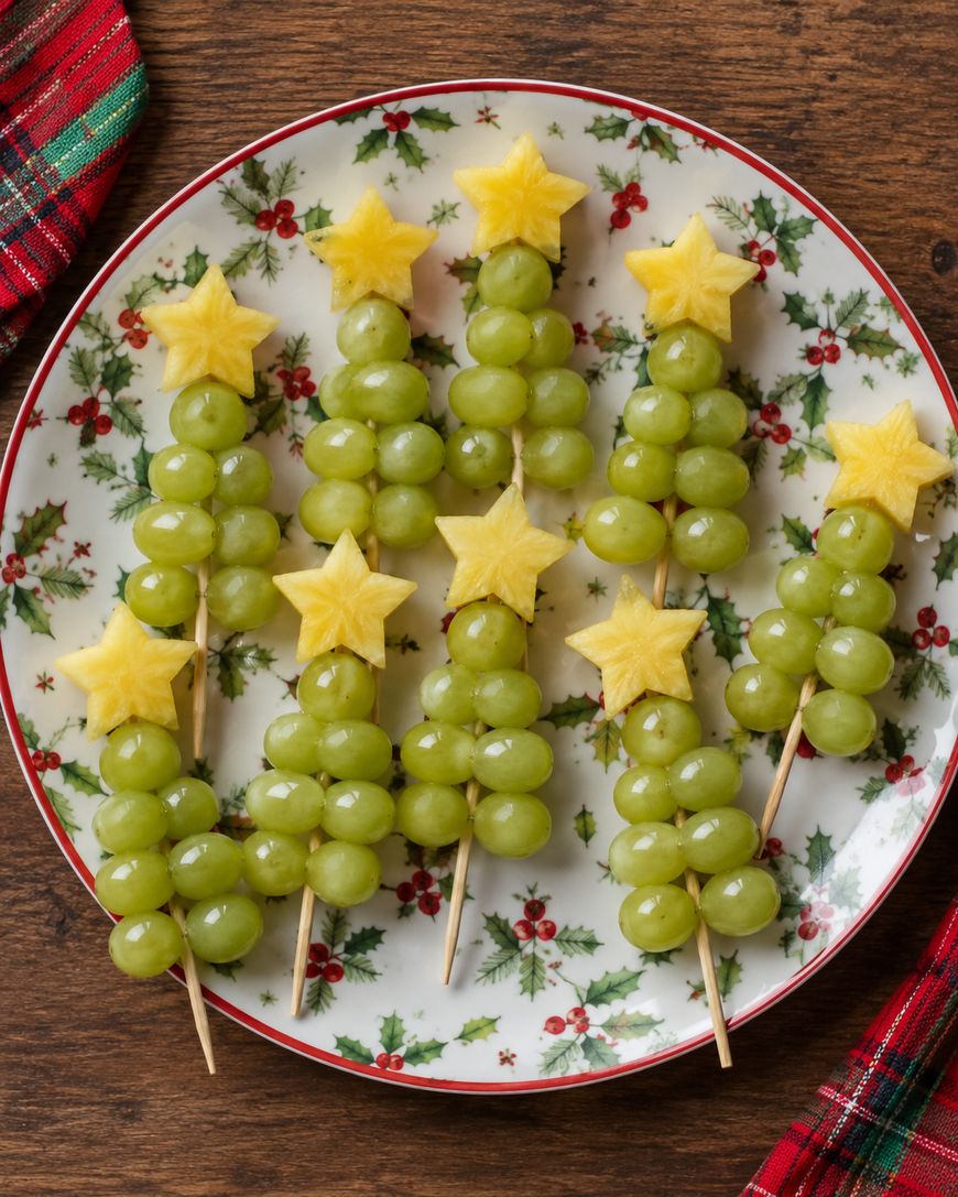 Six skewers with green grapes arranged in a tree shape, topped with star-shaped pineapple pieces, are displayed on a festive holiday plate with holly patterns, set on a wooden table.