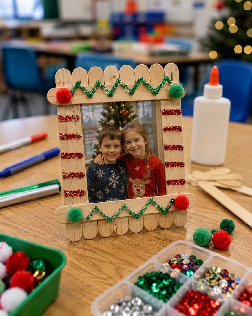 A handmade photo frame with a picture of two smiling children sits on a classroom table, surrounded by craft supplies like glue, markers, and colorful decorations.