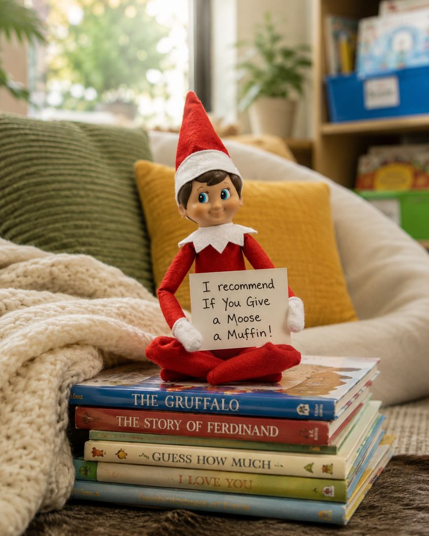 A toy elf holding a sign that says I recommend If You Give a Moose a Muffin! sits on a stack of childrens books on a cozy couch with pillows and a blanket.