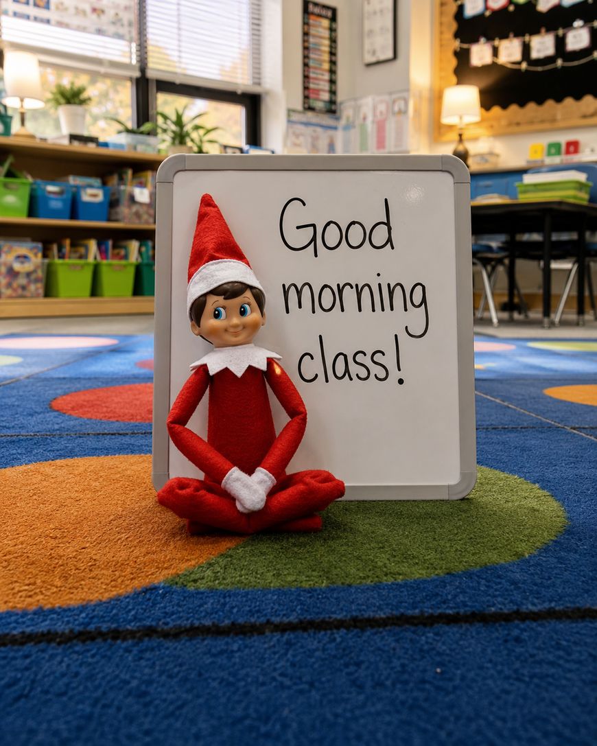 A toy elf sits cross-legged in front of a whiteboard that reads, Good morning class! in a colorful classroom with bright polka dot carpet and shelves in the background.