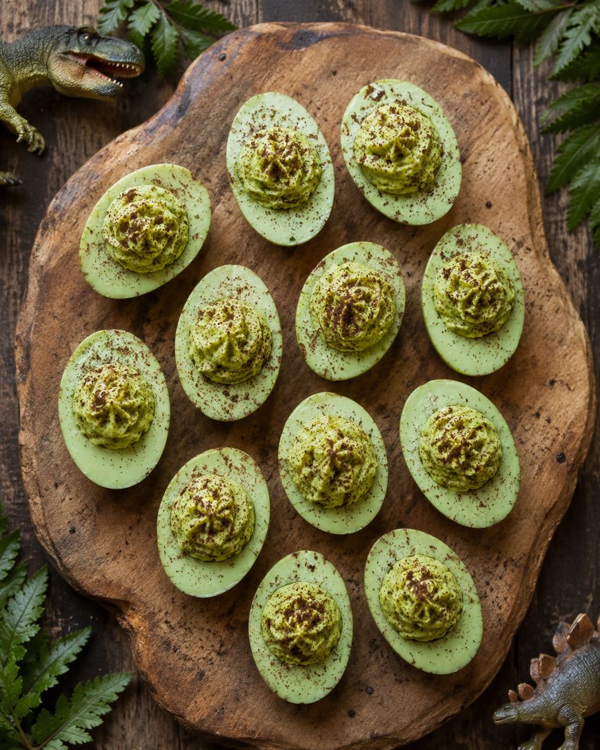 Deviled eggs with green filling, arranged on a wooden platter with green herbs and toy dinosaurs around, creating a prehistoric or dinosaur-themed presentation.