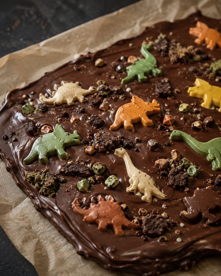 Chocolate bark topped with colorful dinosaur-shaped candies, cookie crumbles, and nuts, all on parchment paper. The bark has a glossy finish and a variety of playful, edible decorations.
