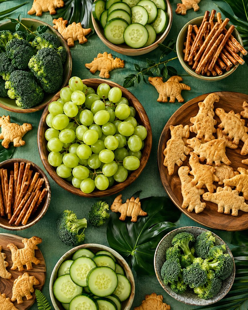 Bowls of green grapes, cucumbers, broccoli, pretzel sticks, and assorted dinosaur-shaped cookies are arranged on a green tablecloth with scattered leaves and cookies.