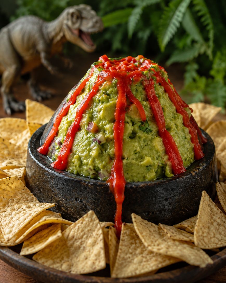 A volcano-shaped mound of guacamole with red sauce lava, surrounded by tortilla chips. A toy dinosaur and green ferns are in the background.