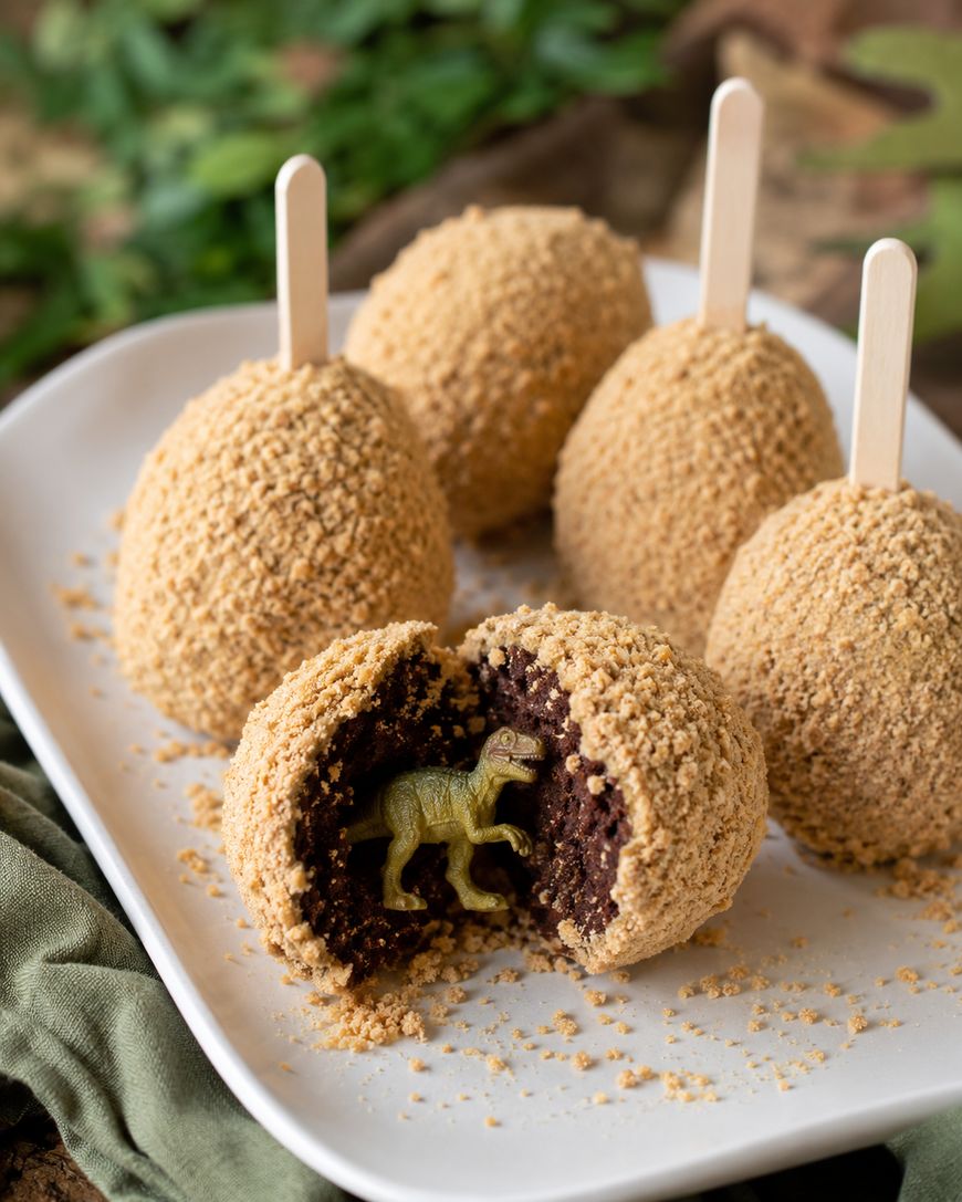 Five cake pops coated in crumbs sit on a white plate. One cake pop is split open, revealing a small plastic dinosaur toy hidden inside the chocolate cake center.