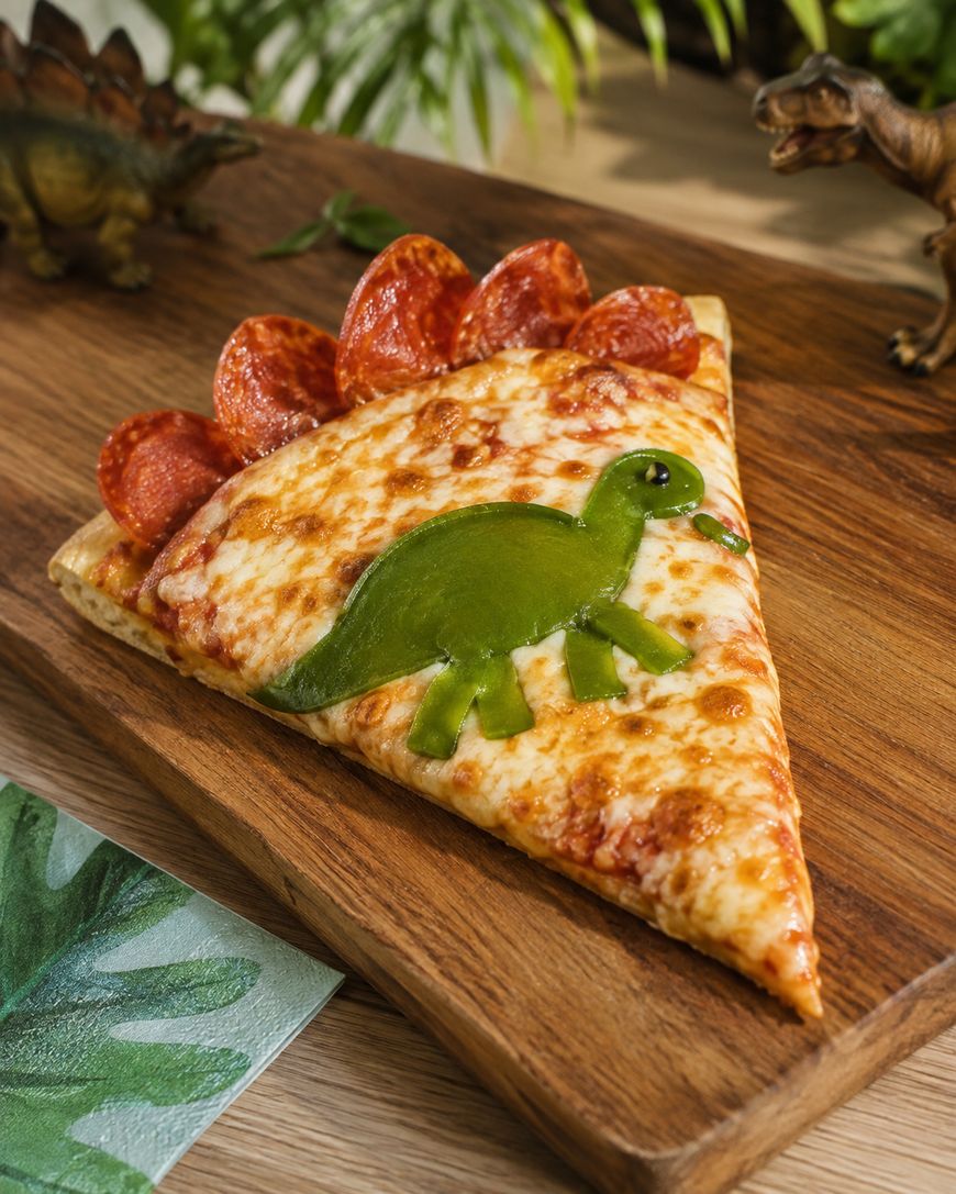 A pizza slice on a wooden board, topped with pepperoni and a green bell pepper shaped like a dinosaur, with toy dinosaurs and plants in the background.