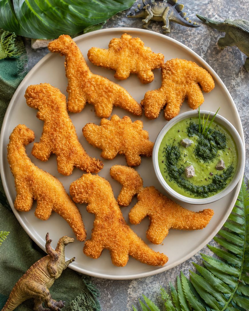 A plate of dinosaur-shaped chicken nuggets surrounds a bowl of green dipping sauce, with toy dinosaurs and green leaves as decoration.
