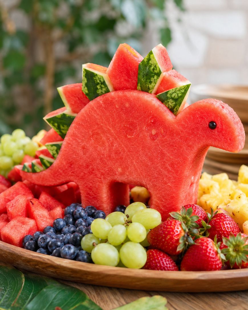 A fruit platter with a dinosaur-shaped watermelon centerpiece, decorated with watermelon spikes, surrounded by grapes, blueberries, strawberries, and pineapple.