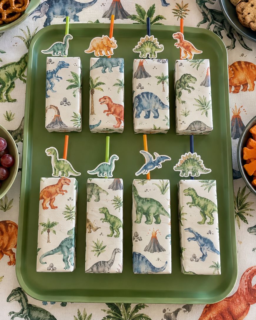 Eight juice boxes with dinosaur-patterned wrappers and colorful straws, each topped with a dinosaur cutout, are arranged neatly on a green tray. The tablecloth and surrounding snacks also feature dinosaur themes.