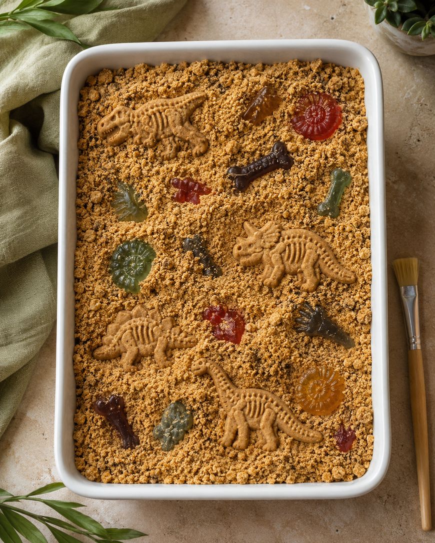 A rectangular dish filled with crumbled cookie dirt, dinosaur-shaped cookies, and colorful gummy candies, resembling a playful edible dinosaur fossil dig site. A green cloth and brush are beside the dish.
