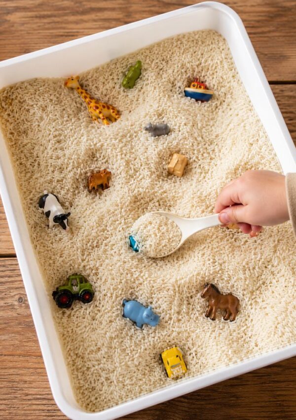 A childs hand uses a white spoon to scoop rice in a tray filled with uncooked rice and small animal and vehicle toys scattered on the surface.