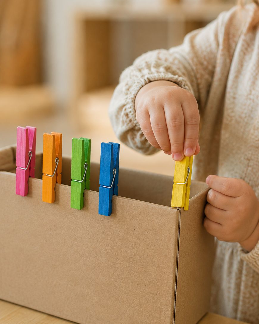 A child places a yellow clothespin on the edge of a cardboard box. Four other clothespins, colored orange, pink, green, and blue, are already attached to the box.