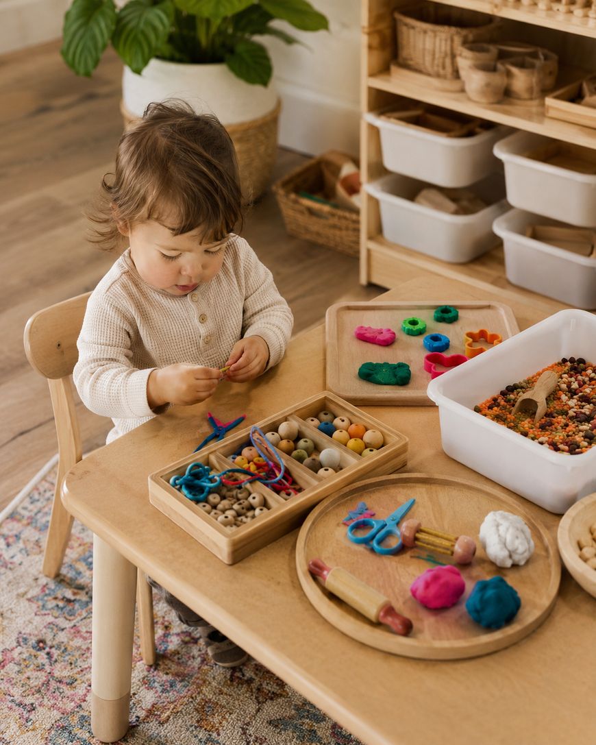 A young child sits at a wooden table, playing with colorful playdough, beads, and craft supplies. The table is organized with trays of materials, and shelves with baskets are visible in the background.
