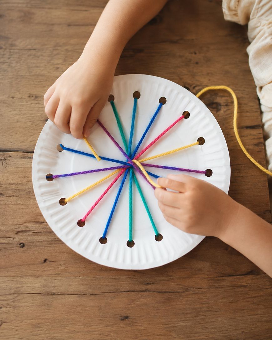 Child weaving colorful yarn through holes in a white paper plate on a wooden surface, creating a starburst pattern as a craft activity.