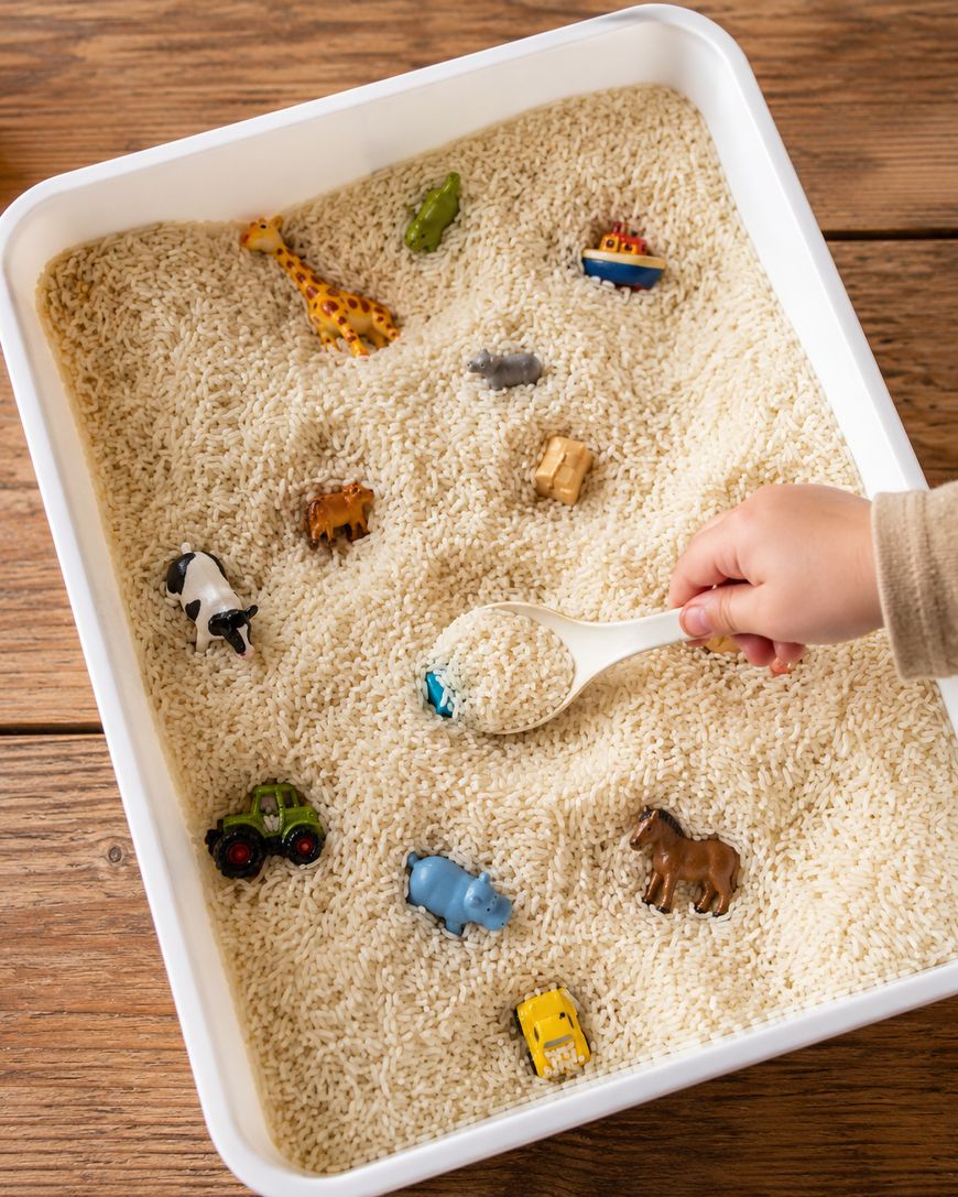 A childs hand holding a white spoon digs through a tray of uncooked rice, revealing small plastic animal and vehicle toys scattered throughout the rice.