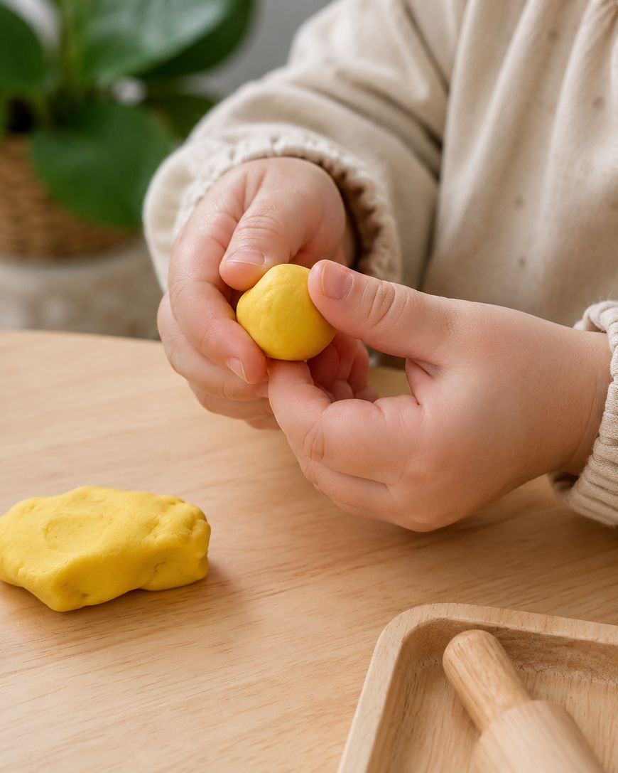 A childs hands shaping yellow playdough on a wooden table, with more playdough and a small rolling pin nearby. A green plant is visible in the blurred background.