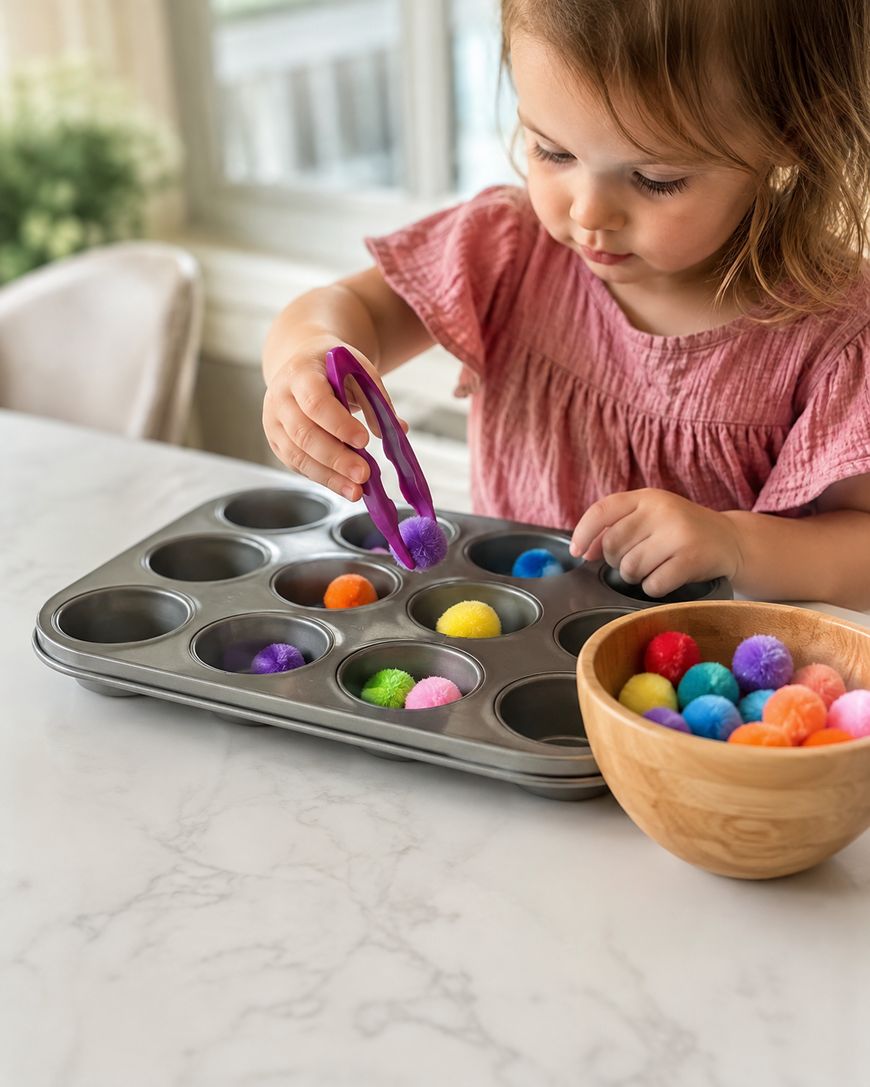 A young child uses plastic tongs to pick up colorful pom poms from a wooden bowl and place them into a muffin tin on a white table.