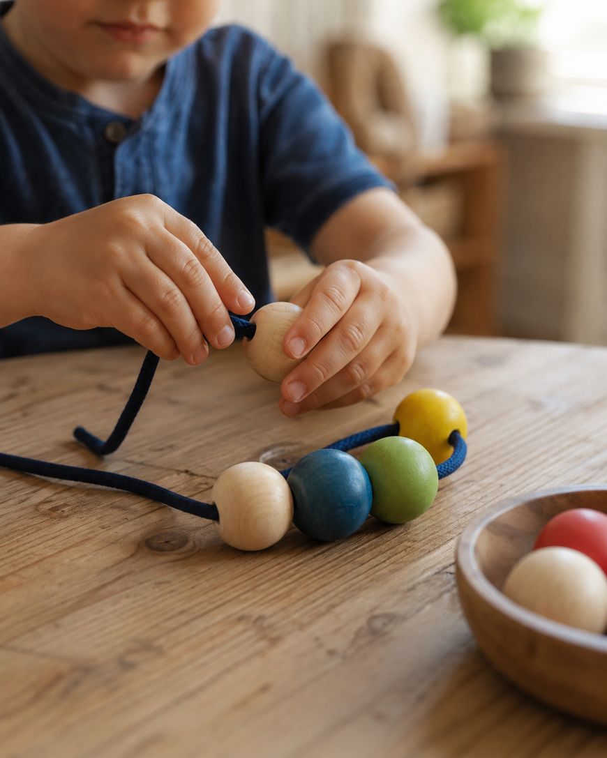 A child threads large wooden beads of various colors onto a navy blue string, sitting at a wooden table with a bowl containing additional beads nearby.
