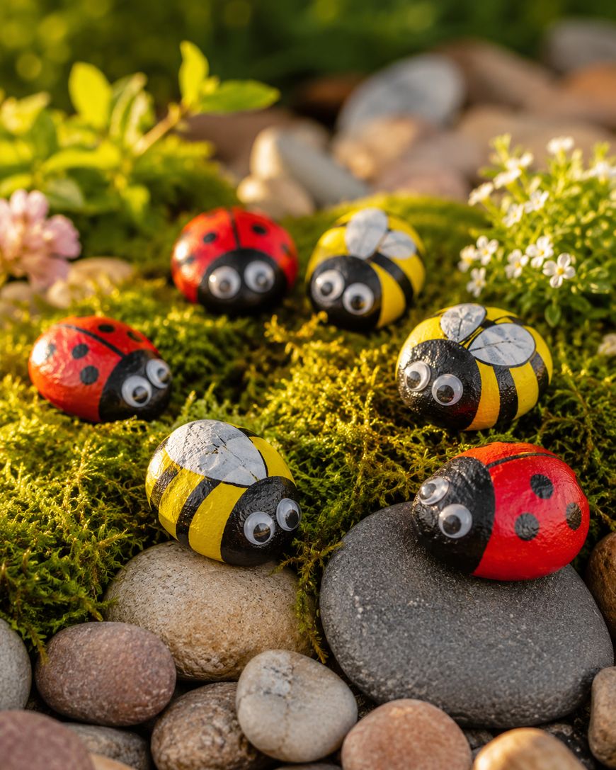 Painted rocks resembling ladybugs and bees with googly eyes are arranged on moss and pebbles outdoors, surrounded by small flowers and greenery in bright sunlight.